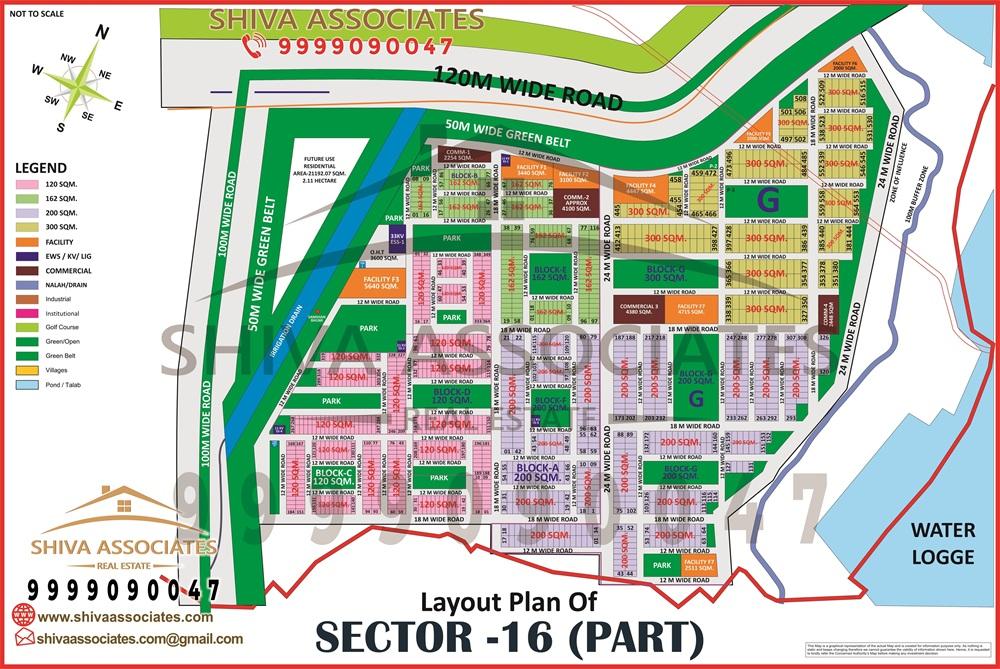 Detailed layout map of Sector 16, Yamuna Expressway by Shiva Associates, showing residential plots, road network, and green zones in Greater Noida.