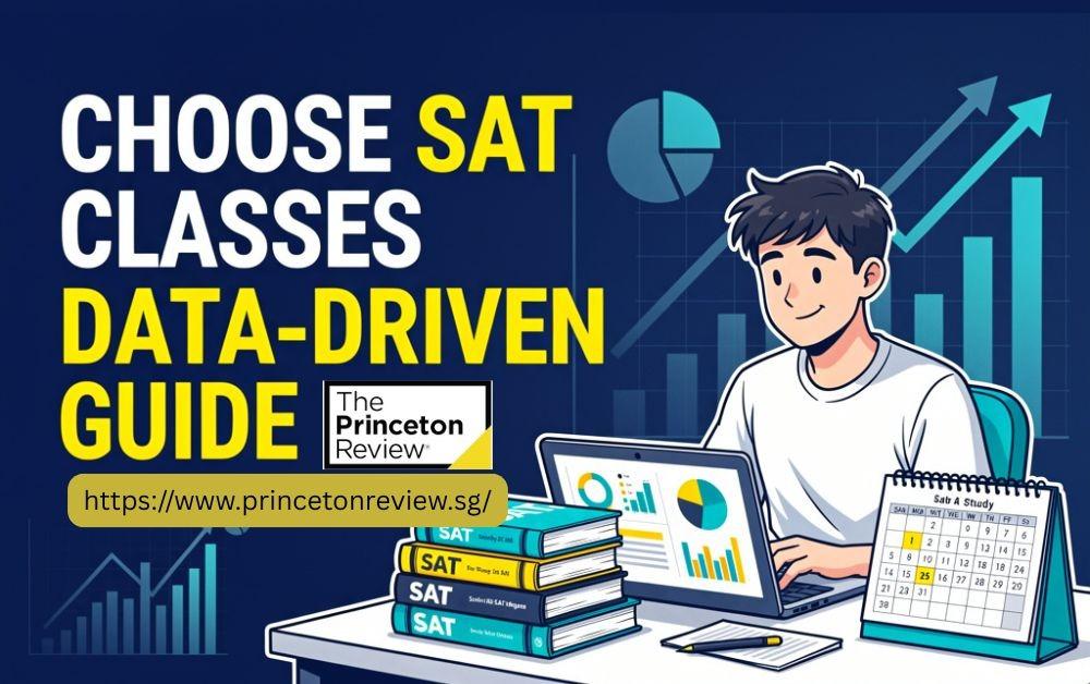 Illustration of a boy sitting on a study table and using laptop, calendar and books of sat on the table. a text of "choose sat classes: data driven guide" with logo and URL of Princeton review Singapore site